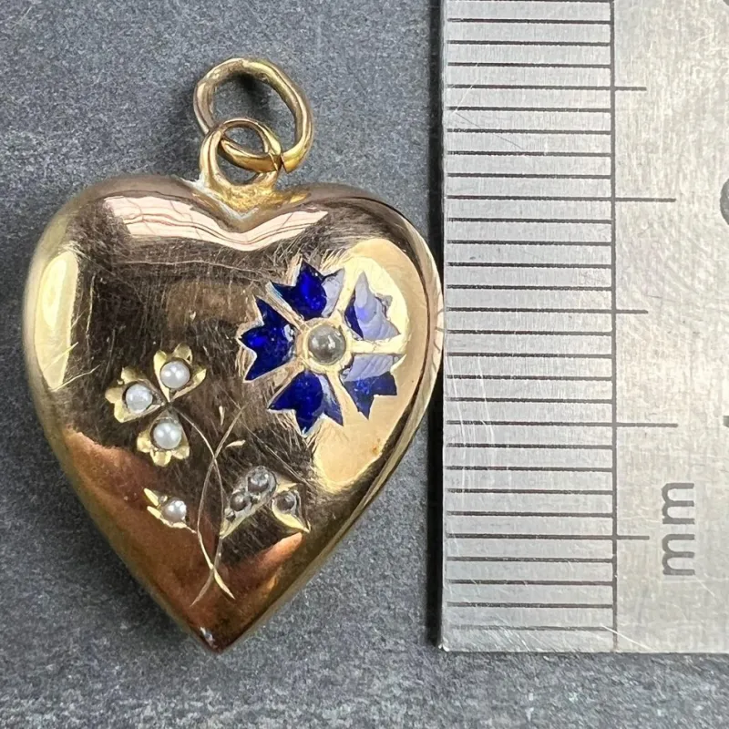 New Pamono French Puffy Love Heart Flowers 18k Yellow Gold Enamel Pearl Pendant, 1890s