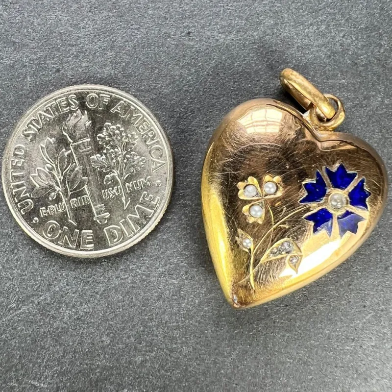 New Pamono French Puffy Love Heart Flowers 18k Yellow Gold Enamel Pearl Pendant, 1890s