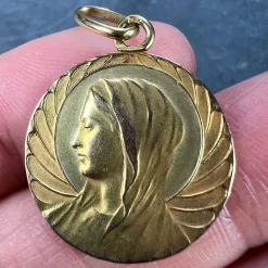 Pamono French Religious Virgin Mary 18k Yellow Gold Medal Pendant, 1890s><noscript><img width=