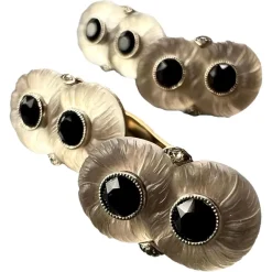 Sale Pamono French Rock Crystal Onyx and Diamond 18k Yellow Gold Platinum Cufflinks, 1920s, Set of 2