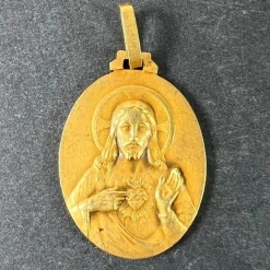 Pamono French Sacred Heart Madonna and Child 18k Yellow Gold Medal Pendant from Perriat, 1930s> Necklaces