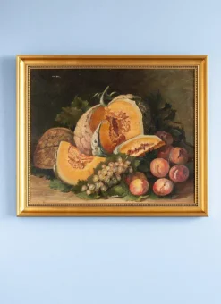 Hot Pamono French School Artist, Still Life with Melon & Peaches, Oil Painting on Canvas, Early 20th Century, Framed