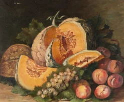 Hot Pamono French School Artist, Still Life with Melon & Peaches, Oil Painting on Canvas, Early 20th Century, Framed