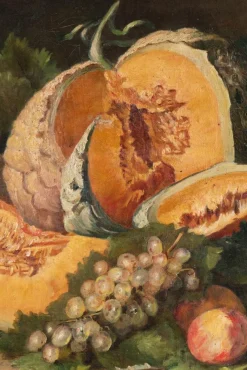 Hot Pamono French School Artist, Still Life with Melon & Peaches, Oil Painting on Canvas, Early 20th Century, Framed