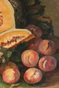 Hot Pamono French School Artist, Still Life with Melon & Peaches, Oil Painting on Canvas, Early 20th Century, Framed