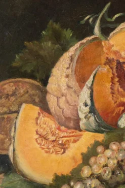 Hot Pamono French School Artist, Still Life with Melon & Peaches, Oil Painting on Canvas, Early 20th Century, Framed