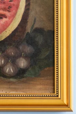 Hot Pamono French School Artist, Still Life with Melon & Peaches, Oil Painting on Canvas, Early 20th Century, Framed