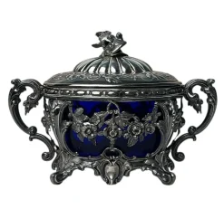 Best Pamono French Silver Sugar Bowl with Cobalt Blue Glass, 1840s
