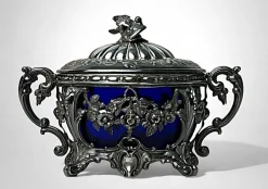 Best Pamono French Silver Sugar Bowl with Cobalt Blue Glass, 1840s
