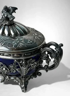 Best Pamono French Silver Sugar Bowl with Cobalt Blue Glass, 1840s