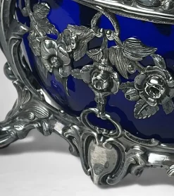 Best Pamono French Silver Sugar Bowl with Cobalt Blue Glass, 1840s