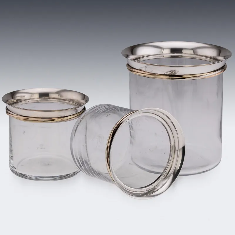 Pamono French Silver-Mounted Glass Ice Buckets & Champagne Cooler by Cartier, 1990s, Set of 3> Ice Buckets & Wine Coolers