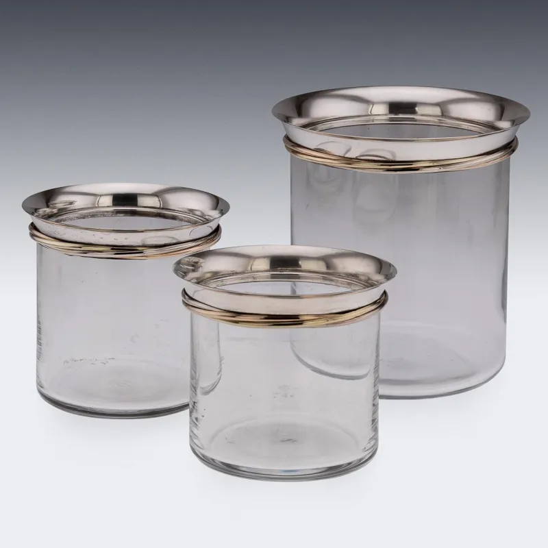 Pamono French Silver-Mounted Glass Ice Buckets & Champagne Cooler by Cartier, 1990s, Set of 3> Ice Buckets & Wine Coolers