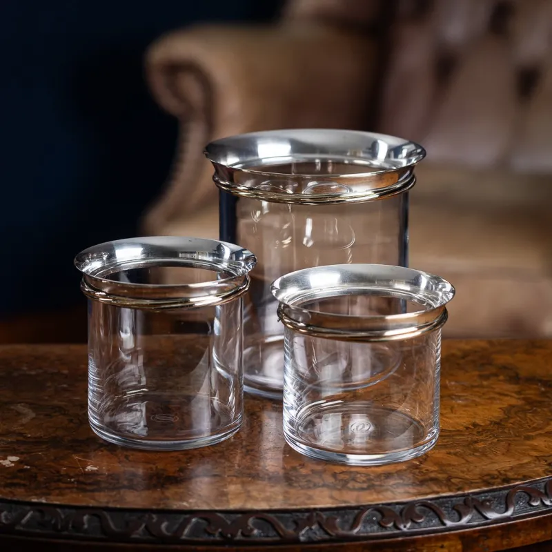 Pamono French Silver-Mounted Glass Ice Buckets & Champagne Cooler by Cartier, 1990s, Set of 3> Ice Buckets & Wine Coolers
