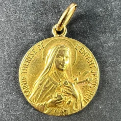 Pamono French St Therese 18k Yellow Gold Religious Medal Pendant, 1920s> Necklaces