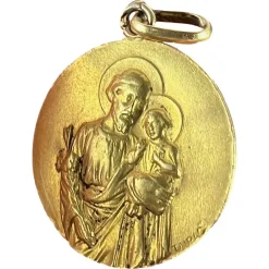 Clearance Pamono French Tairac Saint Joseph and Jesus 18k Yellow Gold Medal Pendant, 1890s