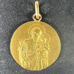 Clearance Pamono French Tairac Saint Joseph and Jesus 18k Yellow Gold Medal Pendant, 1890s