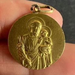 Clearance Pamono French Tairac Saint Joseph and Jesus 18k Yellow Gold Medal Pendant, 1890s