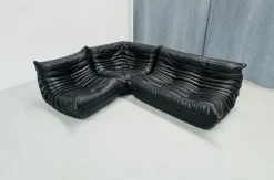 Pamono French Togo Living Room Set in Black Leather by Michel Ducaroy for Ligne Roset., Set of 3><noscript><img width=