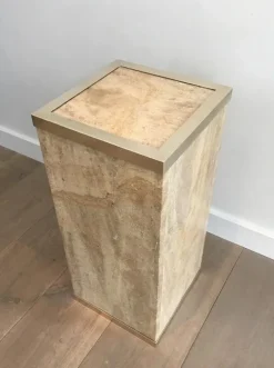 Pamono French Travertine & Brass Column, 1970s><noscript><img width=