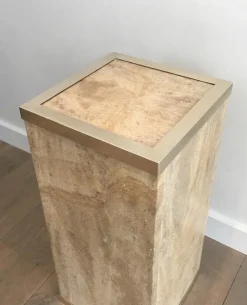 Pamono French Travertine & Brass Column, 1970s><noscript><img width=
