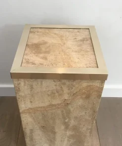 Pamono French Travertine & Brass Column, 1970s><noscript><img width=