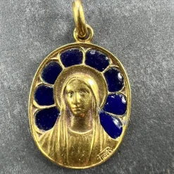 New Pamono French Virgin Mary Plique a Jour Enamel 18k Yellow Gold Pendant Medal from Pierly, 1920s