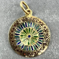Pamono French Window Plique a Jour Enamel 18k Yellow Gold Pendant Medal, 1940s><noscript><img width=