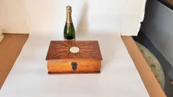 Pamono French Wooden Box with Geometric Floral Ceramic Inlay, 1950s> Trunks Crates & Baskets