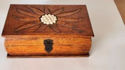 Pamono French Wooden Box with Geometric Floral Ceramic Inlay, 1950s><noscript><img width=