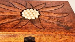 Pamono French Wooden Box with Geometric Floral Ceramic Inlay, 1950s><noscript><img width=