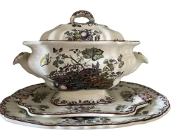 Pamono Fruit Basket Soup Tureen with Serving Plates and Ladle, 1950s, Set of 4> Serving Dishes