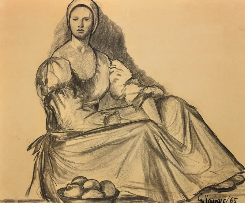Pamono G. Vaccaro, La Contadina, 1865, Charcoal & Pencil on Paper> Work On Paper