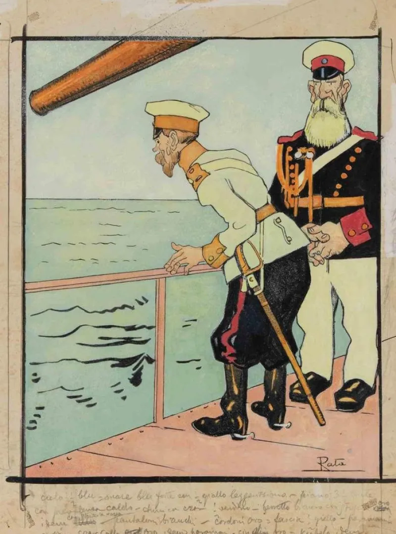 Pamono Gabriele Galantara, The Warship, Mixed Media Drawing, 1909