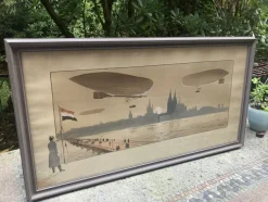 Pamono Gamy / Marguerite Montaut, Les Dirigeables Parceval et Gross en Manoeuvre à Cologne, Gouache & Lithograph, Framed> Art Nouveau