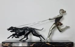 New Pamono Geo Maxim, Art Deco Sculpture of Young Girl Running with Greyhounds, 1920s, Metal on Marble Base