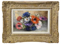 Pamono Georges Danset, Anemones and Daisies, Oil on Canvas, Early 20th Century> Classical
