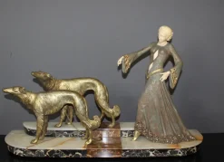 Hot Pamono Georges Gori, Woman with Greyhounds, 1925, Faux Chryséléphantine