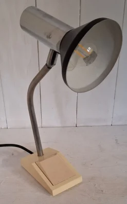 Pamono German Adjustable Desk Lamp with Cream-Colored Plastic Base, Chrome-Plated Metal Frame and Black Reflector Shade from Hoffmeister Leuchten, 1970s><noscript><img width=