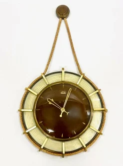 Pamono German Brass Wind Up Wall Clock with Rope Hanger by UPG Halle, 1960s> Clocks