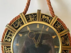 New Pamono German Brass Zodiac Signs Wind Up Wall Clock with Rope Hanger by Atlanta, 1960s
