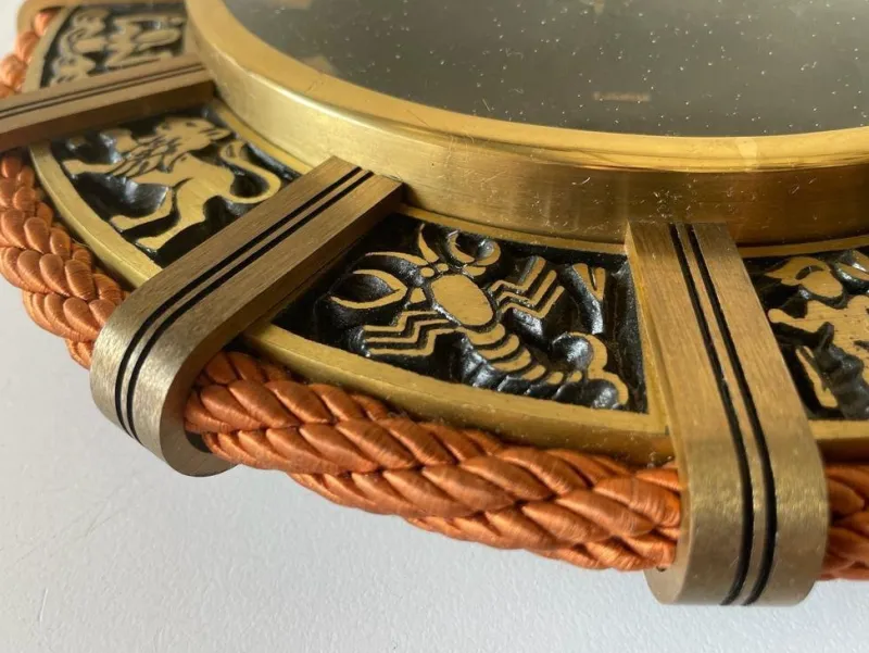 New Pamono German Brass Zodiac Signs Wind Up Wall Clock with Rope Hanger by Atlanta, 1960s