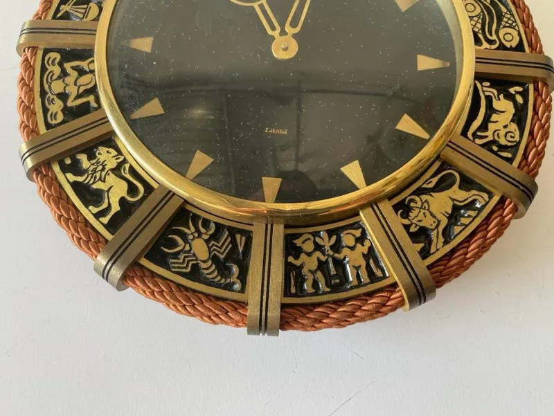 New Pamono German Brass Zodiac Signs Wind Up Wall Clock with Rope Hanger by Atlanta, 1960s
