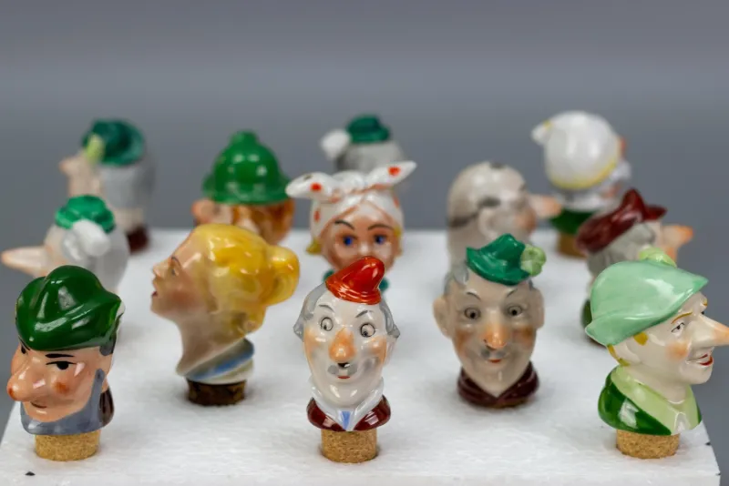 Pamono German Porcelain and Cork Bottle Stoppers, 1930s, Set of 13> Bottles, Carafes & Jugs