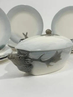 Pamono German Wächtersbach Hunting Plates and Tureen attributed to Carl Bull, 1910s, Set of 13><noscript><img width=