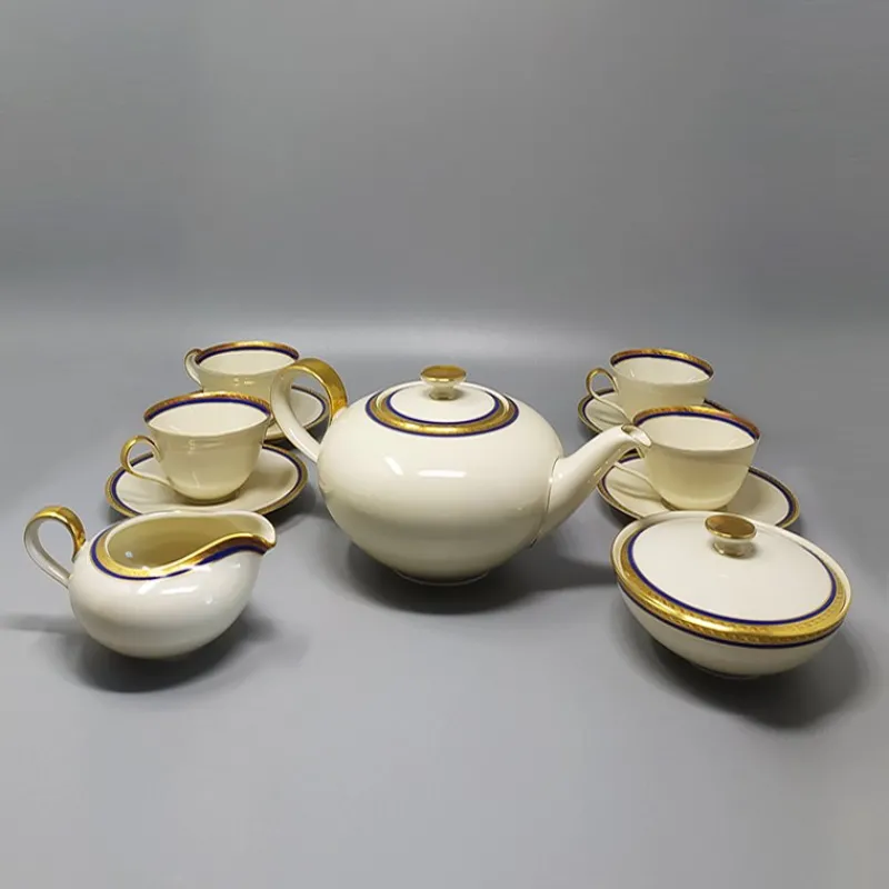 New Pamono German White, Blue and Gold Porcelain Tea Set/Coffee Set, 1950s, Set of 11