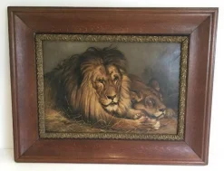 New Pamono Geza Vastagh, Lion and Lioness, 1900s, Oil on Canvas, Framed