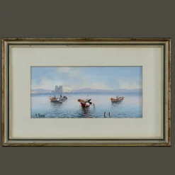 Outlet Pamono Gianni Girolamo, Neapolitan Landscape, 1800s, Tempera, Framed