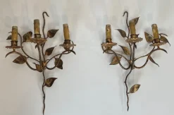 Discount Pamono Gilded Metal Wall Lights with 3 Light Arms and Leaf Decorations, Set of 2