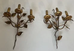 Discount Pamono Gilded Metal Wall Lights with 3 Light Arms and Leaf Decorations, Set of 2